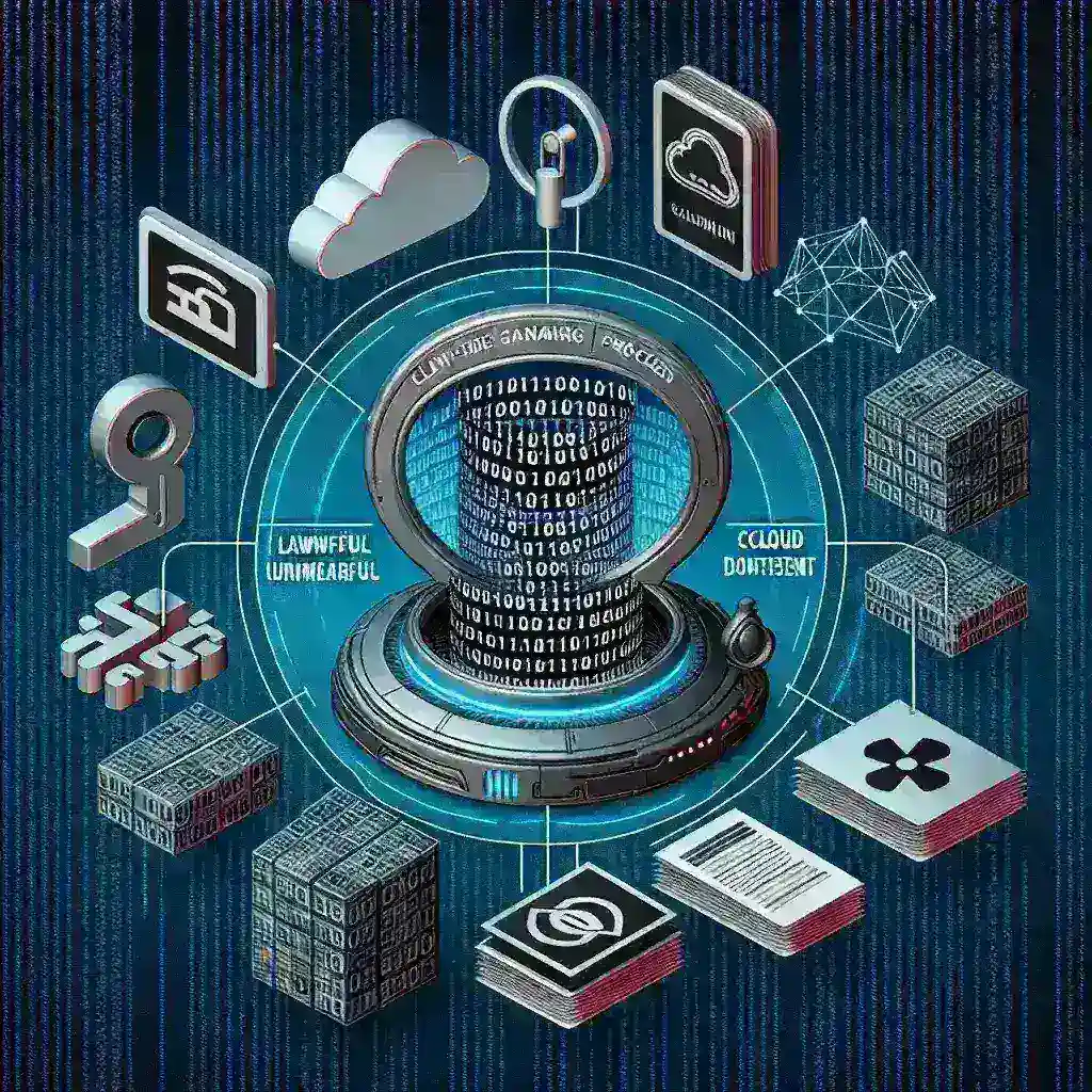 Alt text: "Ilustrasi grafis yang menunjukkan tantangan dalam pemindaian sisi klien untuk mendeteksi konten ilegal, dengan fokus pada algoritma dan privasi pengguna."