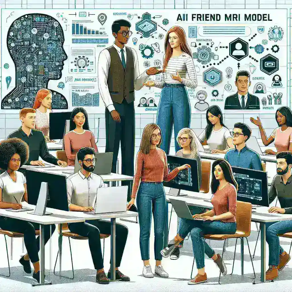 "Ilustrasi kolaborasi antara kampus dan media dalam pelatihan Model Sahabat-AI, menampilkan mahasiswa dan jurnalis berdiskusi di ruang pelatihan dengan laptop dan materi presentasi."