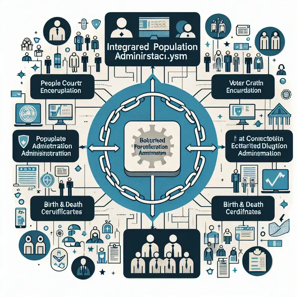 "Infographic illustrating the integrated population administration system development using blockchain technology, depicting secure data management and enhanced citizen services."